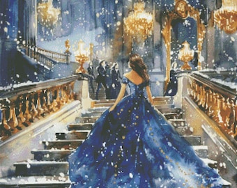 Elegant Women Blue Dress Ball Stairs Cross Stitch Pattern PDF Digital Cross Stitch Chart Digital Files