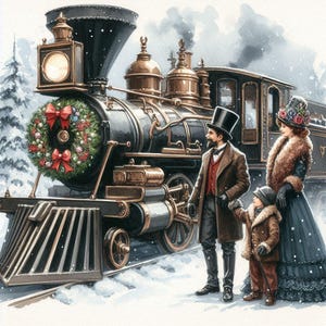 May include: Watercolor painting of a vintage steam train decorated with a Christmas wreath. A family in period clothing stands in the snow, near the train. The train is black with gold accents, and the wreath has red bows.