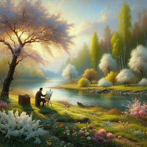 Artist Draws A Spring Landscape Colorful Cross Stitch Pattern PDF Digital Cross Stitch Chart Digital Files