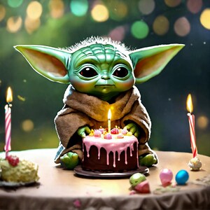 Peut inclure: Un personnage vert ressemblant à un extraterrestre avec de grandes oreilles et de grands yeux, vêtu d'une robe marron, est assis devant un petit gâteau au chocolat avec un glaçage rose et une bougie allumée. Deux bougies allumées flanquent le gâteau, avec des décorations colorées.