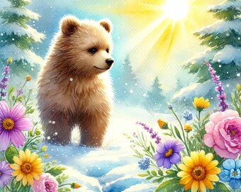 Baby Bear Sunny Winter Snow Day Flowers Cute Picture Animal Flowers Counted Cross Stitch Pattern PDF Digital Chart Digital Files