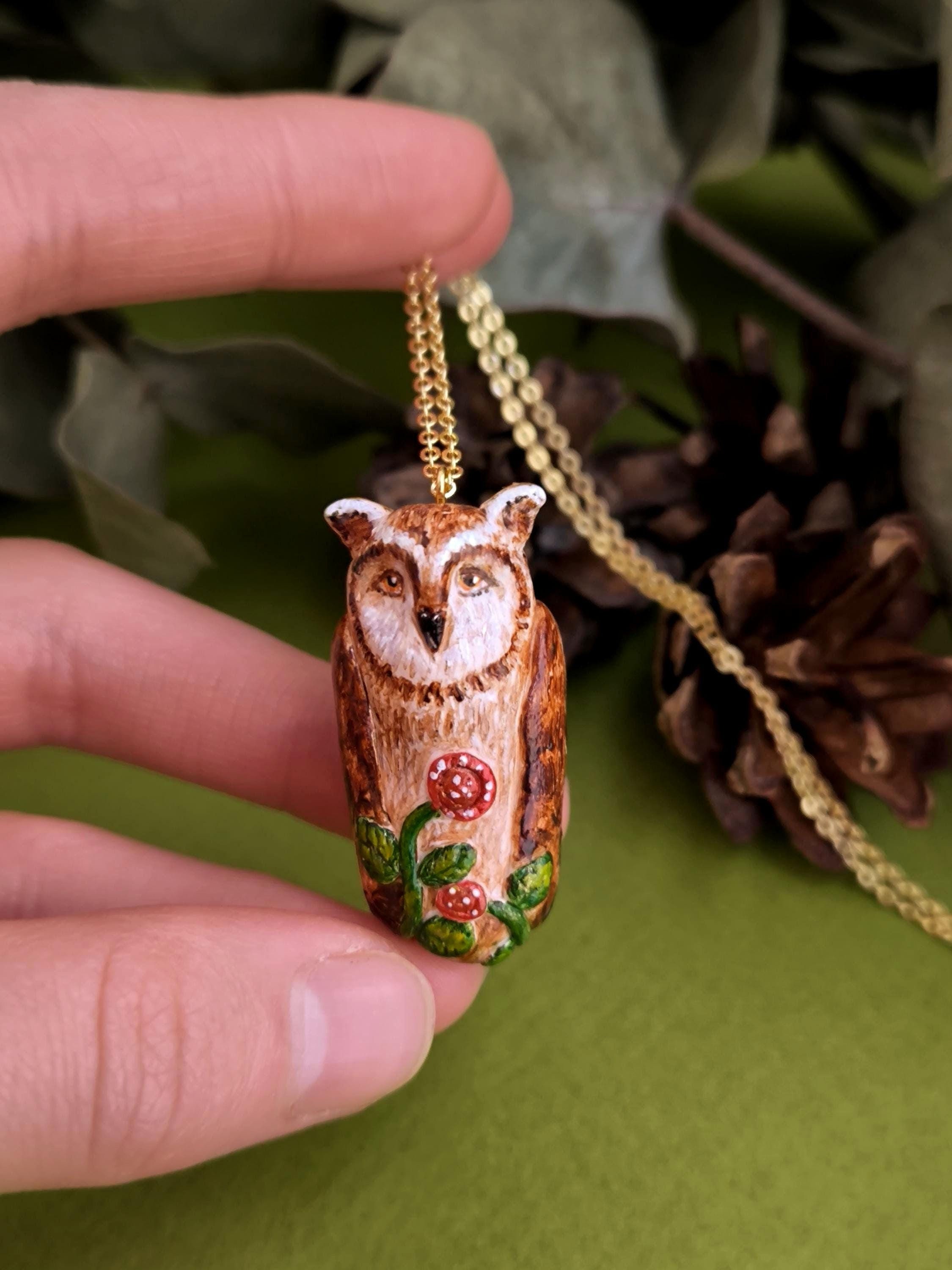 Handmade Owl Pendant Necklace: Polymer Clay Bird with Flowers
