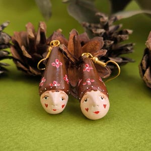Handmade quirky weird statement heart earrings, whimsical fantasy art jewelry, cute artisan handpainted dangly earrings, forest creature art