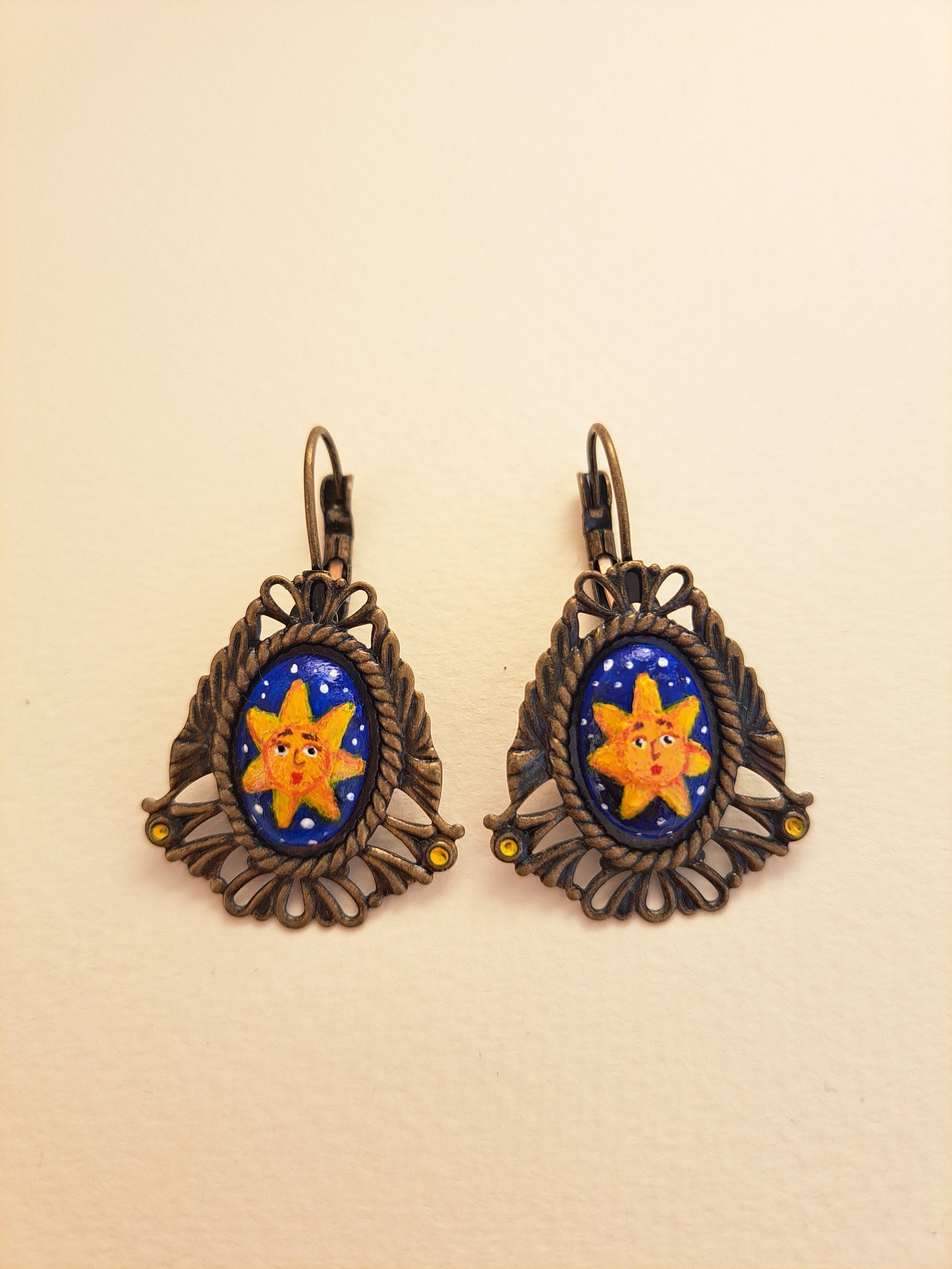 Orecchini Drop Stella E Sole In Alloy E Cristallo, Blu, Chiusura Farfalla, Stile Vintage Metafisico