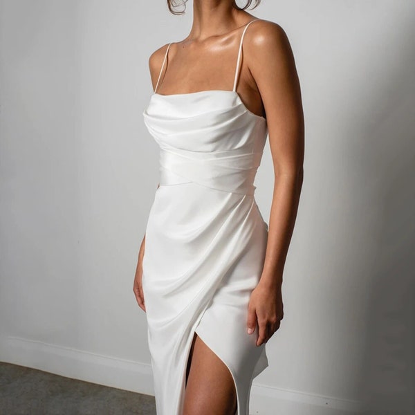 Satin White Wedding Dress | High Slit Backless  Bridal Gown | Casual Clothing