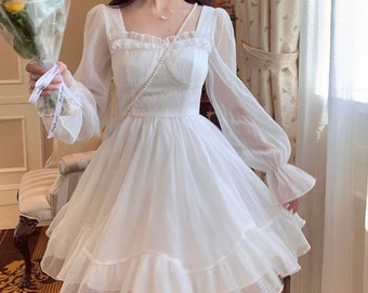 White Mini Dress | A-Line Neckline Long Sleeve | Streetwear Fashion Cloths