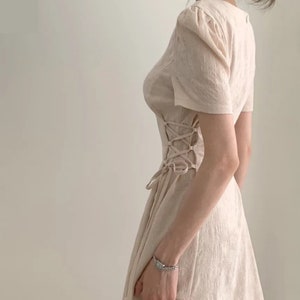 Women's V-Neck Cotton Linen Dress | Flowy A-Line  Slim Waist | Stylish Clothing