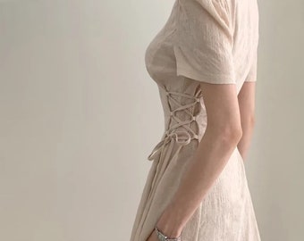 Women's V-Neck Cotton Linen Dress | Flowy A-Line  Slim Waist | Stylish Clothing