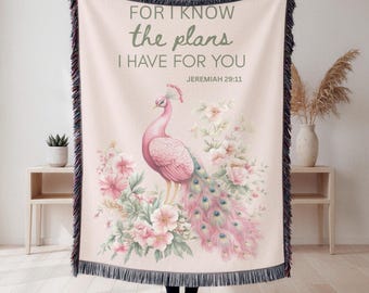 For I Know The Plans I have For You Pink Floral Peacock 100% Cotton Woven Blanket | Jeremiah 29:11 | Christian Faith Throw Blanket