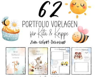 May include: An image featuring the number 62, a sun, and a cupcake with a bee on top. The text reads "Portfolio Vorlagen für Kita & Krippe zum sofort-Download." Below are four portfolio templates with illustrations of a giraffe, zebra, and construction vehicles.