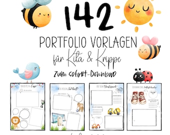 May include: A digital download graphic featuring the text "142 PORTFOLIO VORLAGEN für Kita & Krippe zum sofort-Download." The image includes illustrations of a bee, sun, bird, and portfolio templates with various themes.