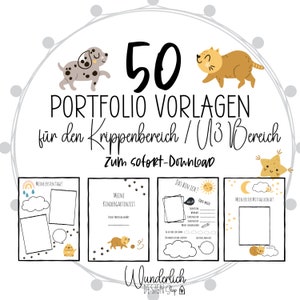Könnte beinhalten: Ein digitaler Download mit dem Text "50 Portfolio Vorlagen" und Illustrationen eines Hundes, einer Katze und eines Sterns. Das Bild enthält Vorlagen für Kinderportfolios mit Platz für Fotos und Text. Das Design ist verspielt und farbenfroh.