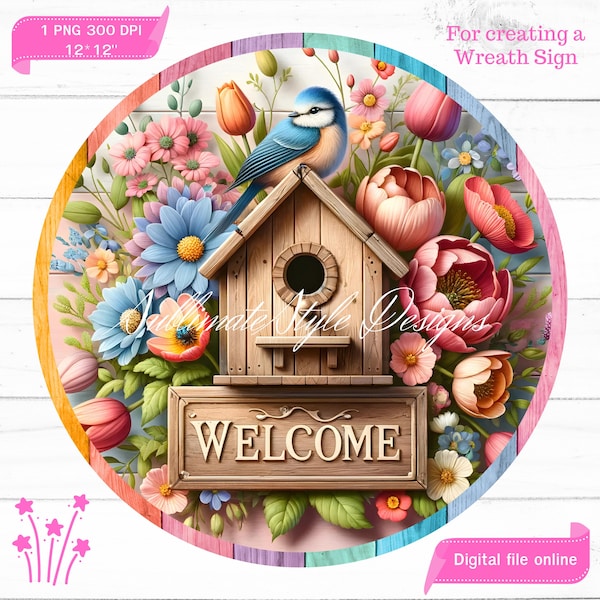 Birdhouse Welcome Door Sign, Welcome Wreath Signs, Spring Round Signs. Sublimation Design for Front Door Decor and Digital Signage