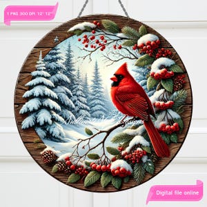 Cartello rotondo cardinale invernale, cartello ghirlanda natalizia di bacche rosse innevate, design a sublimazione, appendino per porta delle feste, download digitale