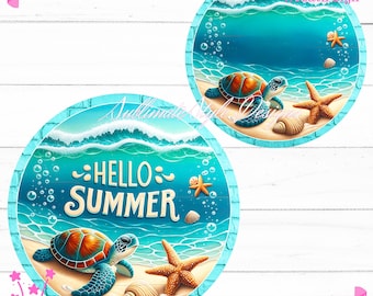 Sea Turtle Hello Summer Wreath Sign, Shells Beach Circle Sign, Summer Round PNG. Sublimation Design for Front Door Decor and Digital Signage