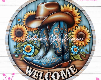 Blue Cowboy Boots Wreath Sign PNG: Spring Welcome Design (Digital Download)
