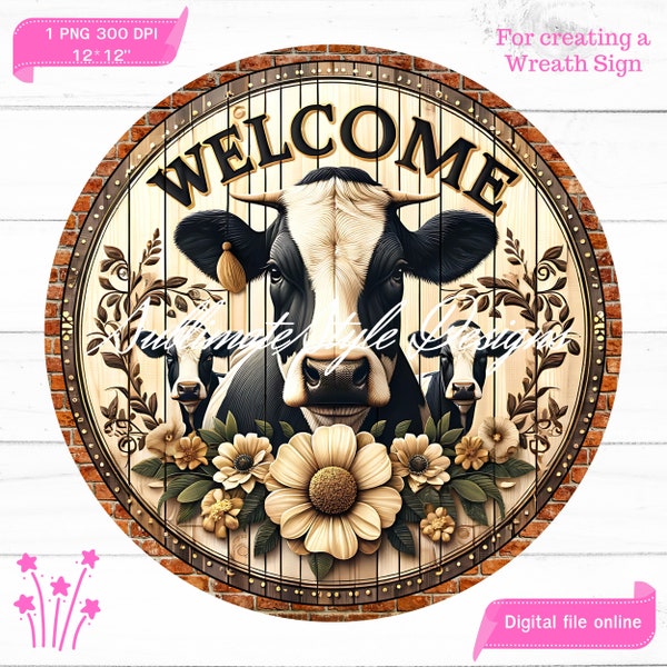 Spotted Cow Wreath Sign, Cow Welcome Wreath Sign PNG, Cow Spring Round Signs. Sublimation Design for Front Door Decor and Digital Signage