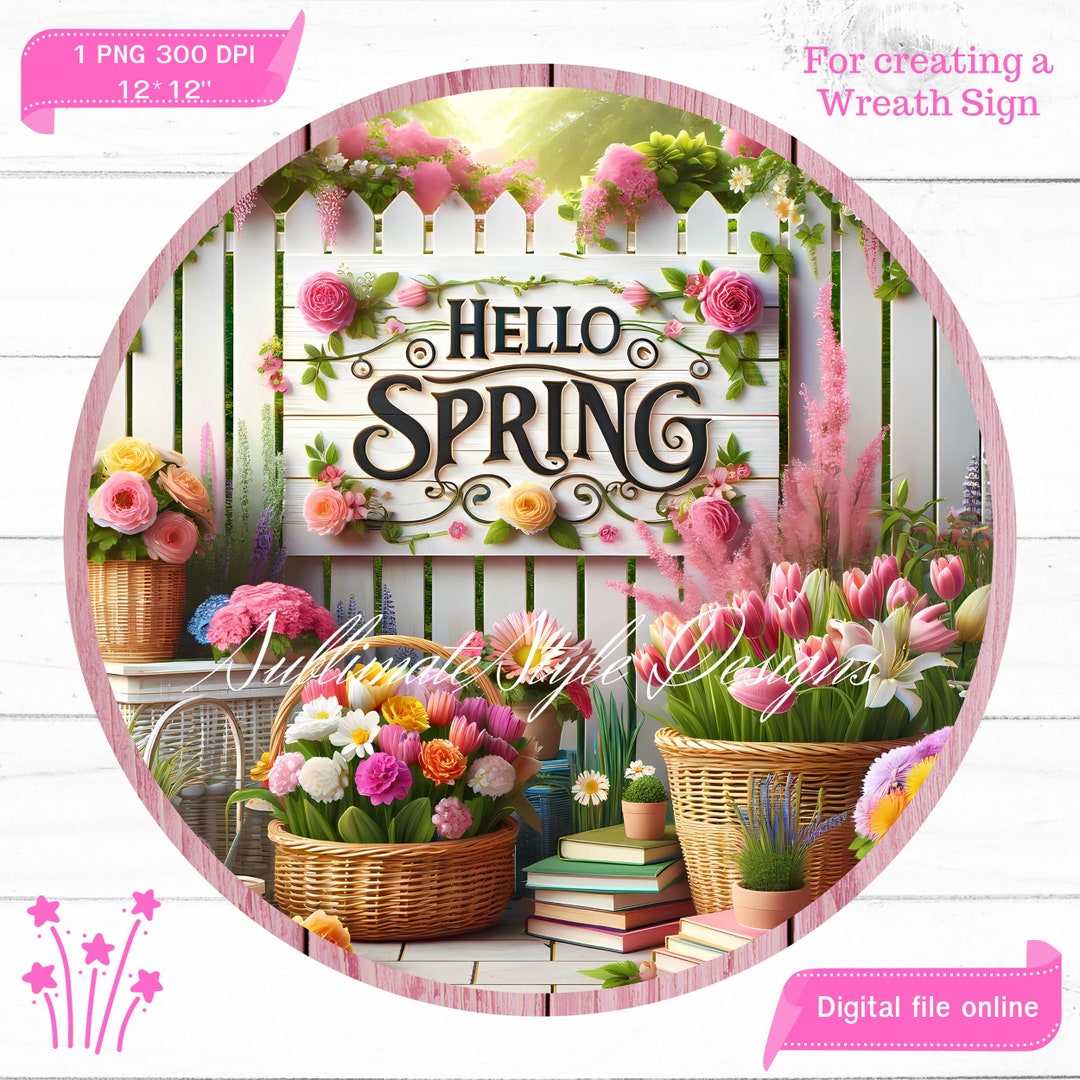Hello Spring Pink Flowers Signs, Welcome Wreath Signs, Spring Round ...
