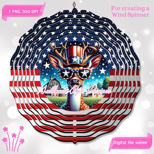 American Patriotic Deer 4th of July Independence Day, Wind Spinner PNG for Sublimation, 10 inch Wind spinner, American Flag, Patriotic PNG.