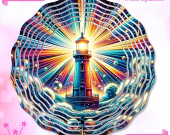 Vibrant Lighthouse and Ocean Waves Wind Spinner Sublimation Design, 10 Inch Digital Download, Colorful Seascape Wind Spinner PNG