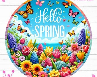 Hello spring on Sublimation Circle Sign,Digital Wreath Sign, Front Door Decoration and Digital Sign Sublimation Design, Digital Sign PNG