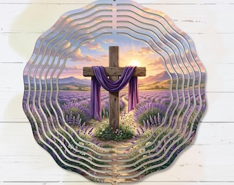 Easter Cross Wind Spinner PNG, Lavender Field Christian Sublimation Design, Religious Cross with Purple Drape Digital Download
