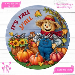 It&#39;s Fall Y&#39;all Scarecrow Round Sign, Autumn Harvest Door Hanger Sublimation Design, Round Sign Design, Fall Wreath Sign Digital Download