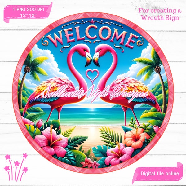 Pink Flamingo Wreath Sign, Flamingo couple welcome signs, Summer round signs. Sublimation Design for Front Door Decor and Digital Signage.