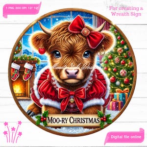 May include: A digital image of a Highland cow wearing a red Christmas outfit and bow. The cow is inside a wooden frame with a Christmas tree and fireplace in the background. The text "MOO-RY CHRISTMAS" is displayed on a banner.