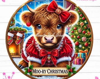 Letrero navideño de vaca de las Tierras Altas: PNG de vacaciones en la granja (descarga digital)