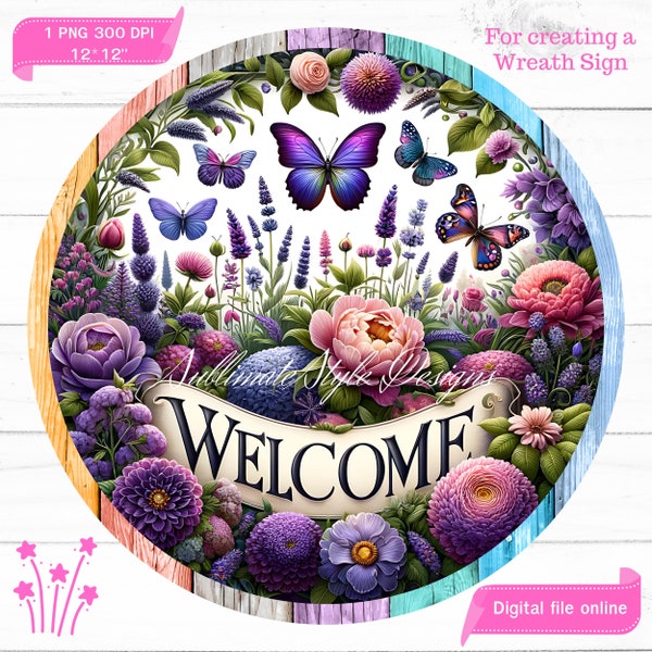 Welcome butterflies & flowers Sign - Digital PNG Design, Spring wreath signs. Sublimation Design for Front Door Decor and Digital Signage