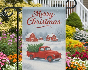 Red Truck Christmas Garden Flag PNG, Vintage Farm Scene (Digital Download)