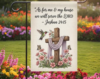 Bandera cristiana para jardín en formato JPG, con diseño de cruz y versículo bíblico de Josué 24:15 (descarga digital).