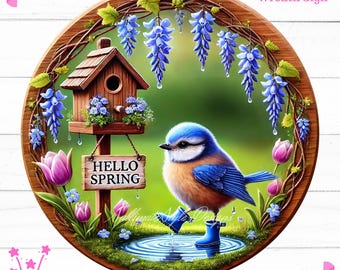 Hello Spring Bluebird Sign: Floral Wreath PNG (Digital Download)