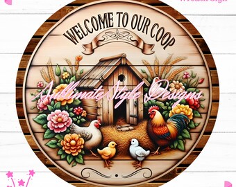 Chicken coop Wreath Sign, Chicken coop Welcome Signs, Chicken Spring Round Sign. Sublimation Design for Front Door Decor and Digital Signage