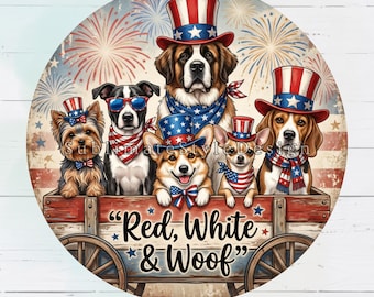 Letrero de corona roja, blanca y guau: Perros patrióticos del 4 de julio (descarga digital PNG)