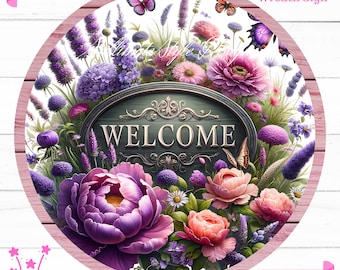 Welcome butterflies & flowers Sign - Digital PNG Design, Spring wreath signs. Sublimation Design for Front Door Decor and Digital Signage