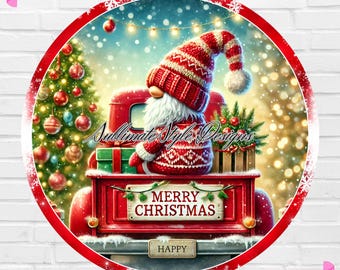 Christmas Gnome Red Truck Sign: Holiday Wreath PNG (Digital Download)