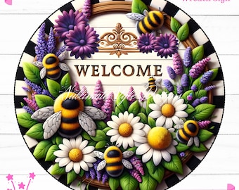 Letrero de bienvenida con abejorros y flores silvestres: Diseño PNG de primavera (descarga digital)