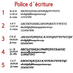 May include: A font selection chart titled Police d'&eacute;criture featuring five numbered rows. Each row displays a unique typeface style, including uppercase and lowercase letters, numbers 1 through 0, and sample text like M & M, 21.09.24, and Je t'aime.