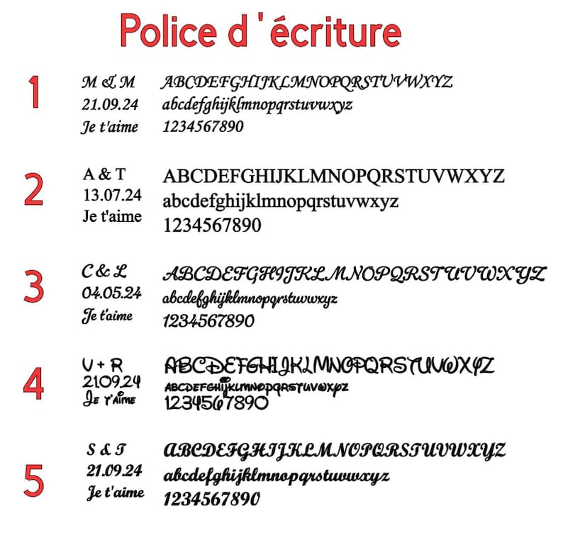 May include: A font selection chart titled Police d'&eacute;criture featuring five numbered rows. Each row displays a unique typeface style, including uppercase and lowercase letters, numbers 1 through 0, and sample text like M & M, 21.09.24, and Je t'aime.