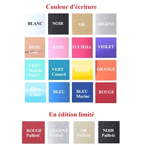 May include: A color chart displaying sixteen solid color squares labeled with French text including Blanc, Noir, Or, Argent, Rose Gold, Rose, Fuchsia, Violet, Vert Menthe Pastel, Vert Canard, Jaune, Orange, Bleu Clair, Bleu, Bleu Marine, and Rouge.