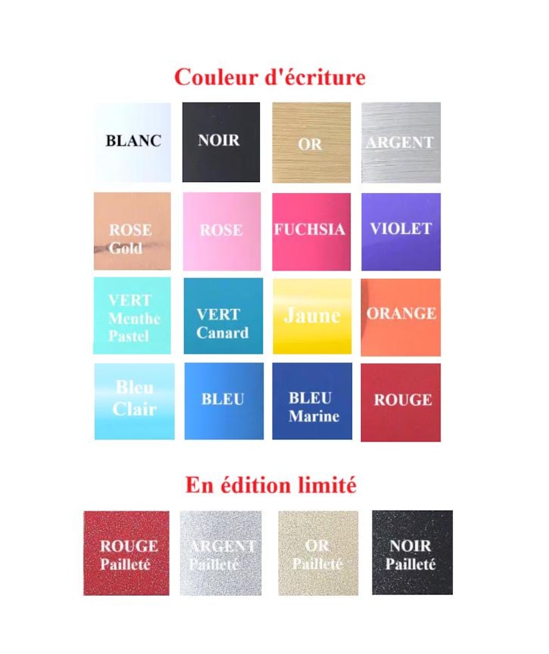 May include: A color chart displaying sixteen solid color squares labeled with French text including Blanc, Noir, Or, Argent, Rose Gold, Rose, Fuchsia, Violet, Vert Menthe Pastel, Vert Canard, Jaune, Orange, Bleu Clair, Bleu, Bleu Marine, and Rouge.