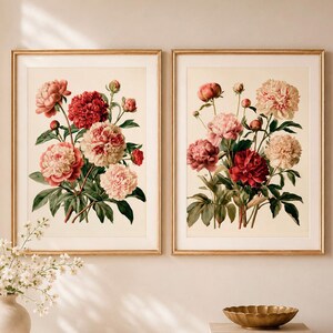 Peony Botanical Print Set, 2 Vintage Floral Wall Art Prints, Victorian Flower Digital Download