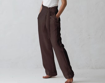 Pantaloni di lino marroni, pantaloni a portafoglio di lino, pantaloni di lino, abbigliamento femminile