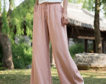 Pantalon en lin, Pantalon en lin rose, Pantalon large, Pantalon ample, Vêtements pour femme