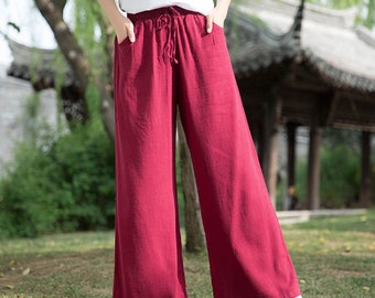 Pantalon en lin, Pantalon en lin rose, Pantalon large, Pantalon ample, Vêtements pour femme