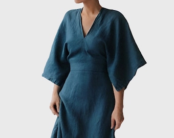 Linen Dress, Linen Midi Dress, Blue Linen Dress, Linen Clothing For Women