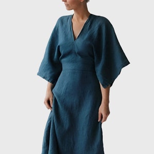 Leinenkleid, Leinen Midikleid, blaues Leinenkleid, Leinenkleidung für Frauen