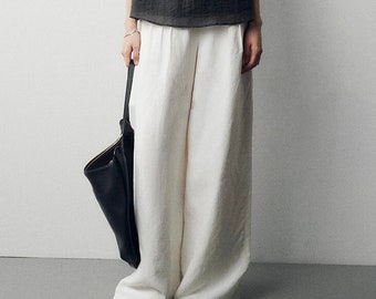 White Linen Pants, Linen Trousers, Wide Leg Pants, Women's Clothing